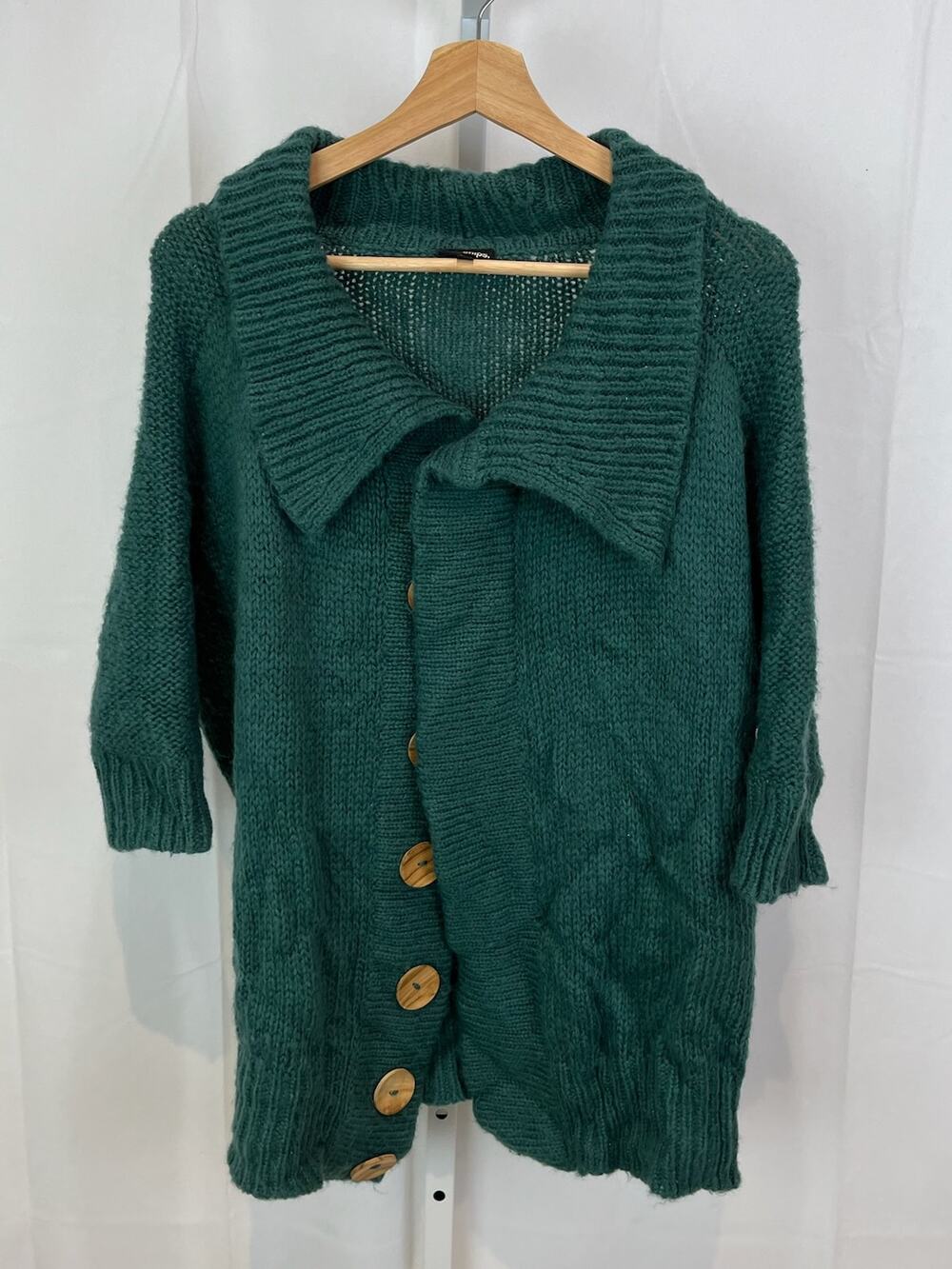 WOODEN SHIPS S M Collared Cardigan Sweater Hidden Buttons Wool Mohair Green